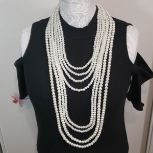 White Faux-Pearl Elongated Necklace Set
